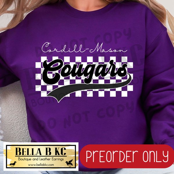 **PREORDER ONLY** Cordill-Mason Cougars Purple/Teal Checkered B/W Mascot - Tee or Sweatshirt - 1 Week Turn Around from Date of Order