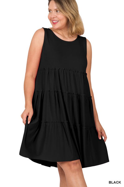 CURVY Sleeveless Tank Tiered Dress - Black