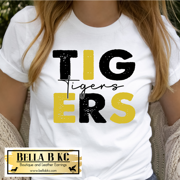 **PREORDER - 2 WEEK TAT** Tigers Stacked Black and Gold on WHITE Tee or Sweatshirt