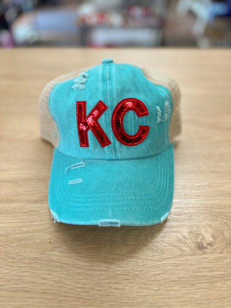 KC Sequin Teal Criss Cross Pony Trucker Baseball Hat