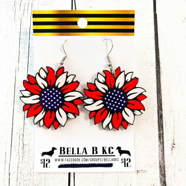 Wood - 4th of July Patriotic Sunflower Flag Earrings
