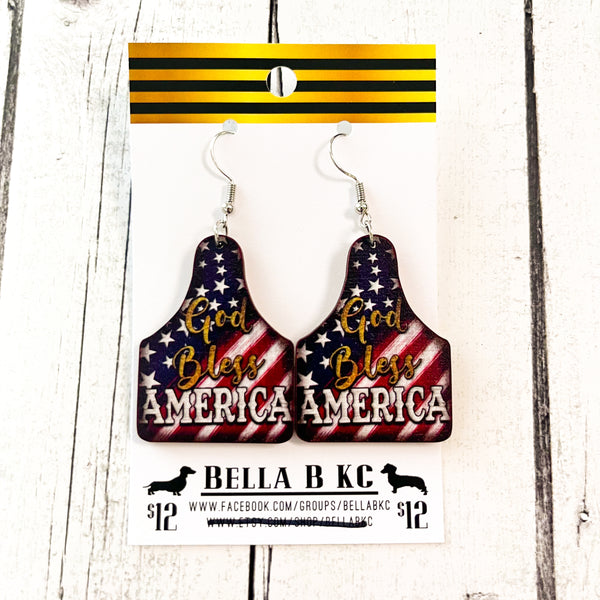 Wood - 4th of July Patriotic God Bless America Cow Tag Earrings