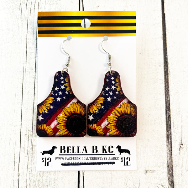 Wood - 4th of July Patriotic Sunflower Flag Cow Tag Earrings
