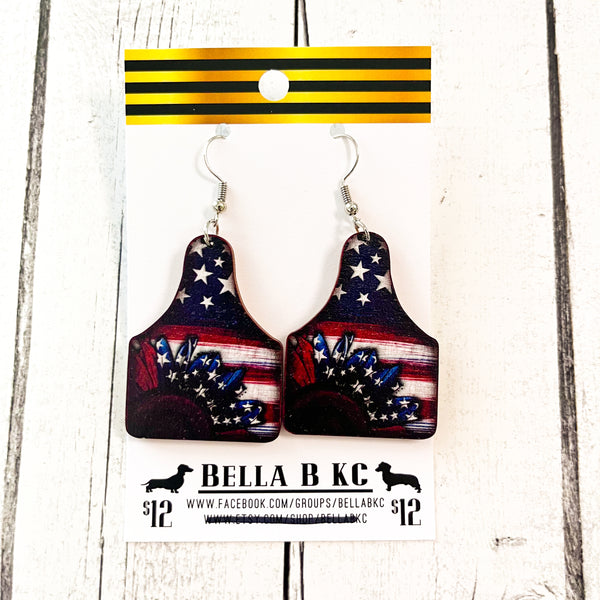 Wood - 4th of July Patriotic USA Sunflower Cow Tag Earrings