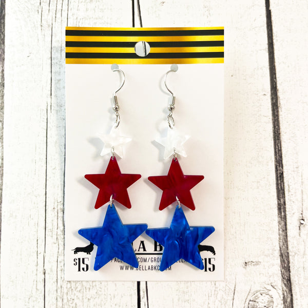 Acrylic - 4th of July Patriotic Red, White & Blue Stars Earrings