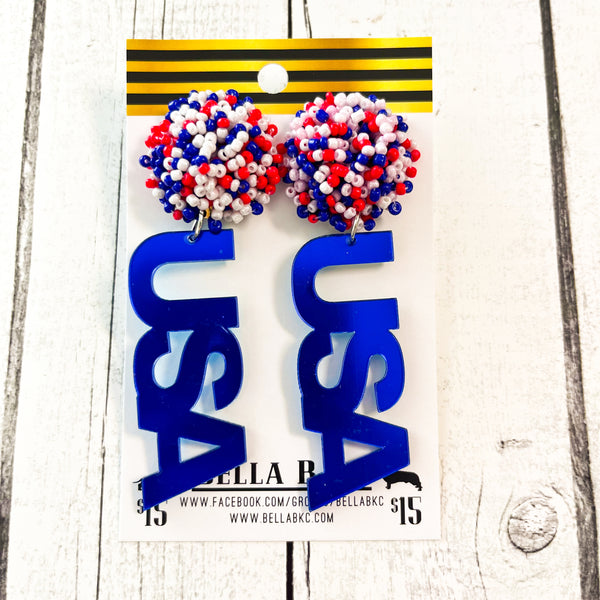Acrylic - 4th of July Patriotic Seed Bead USA Earrings