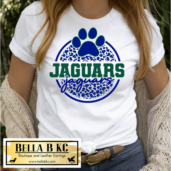 Jaguars Round Leopard Blue and Green on Tee or Sweatshirt