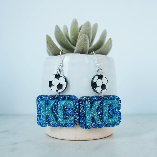Acrylic - Dark Blue & Light Blue Glitter KC Soccer Double Layered Drop Dangles