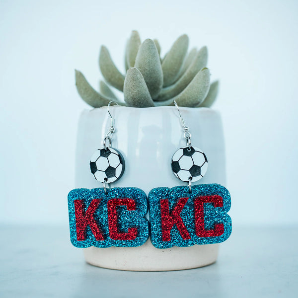 Acrylic - Blue & Red Glitter KC Soccer Double Layered Drop Dangles
