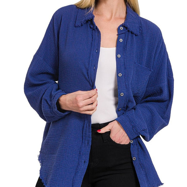 Blue Raw-Hem Button-Up Oversize Shirt