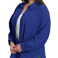 CURVY - Blue Raw-Hem Button-Up Oversize Shirt
