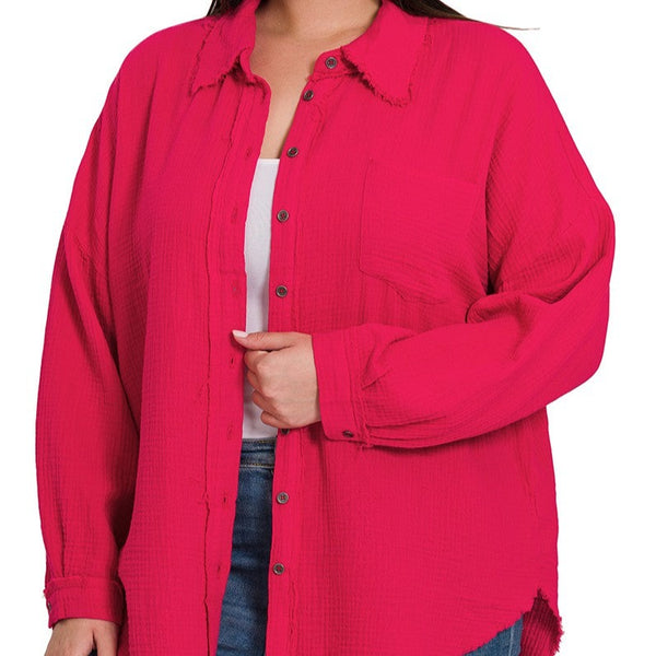 CURVY - Red Raw-Hem Button-Up Oversize Shirt