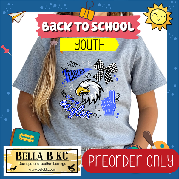 **PREORDER ONLY** TODDLER/YOUTH Eagles Doodle Collage Checkered Bow Mascot Tee or Sweatshirt - 1 Week Turn Around from Date of Order