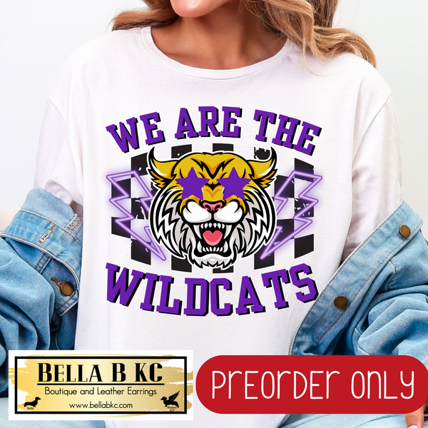 **PREORDER ONLY** We are the Wildcats PURPLE Checkered Mascot Tee or Sweatshirt - 1 Week Turn Around from Date of Order