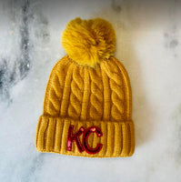 KC Game Day YELLOW with RED Bling KC Pom Beanie