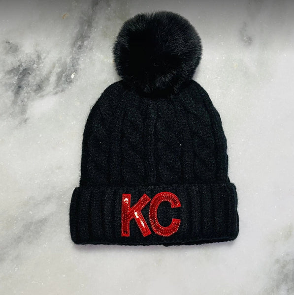 KC Game Day Black with Bling Red KC Pom Beanie
