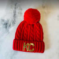 KC Game Day RED with Gold Bling KC Pom Beanie