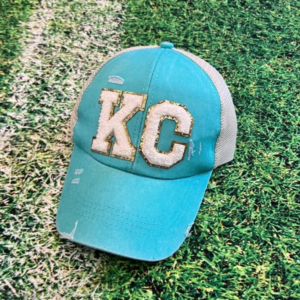 KC Chenille Teal Criss Cross Pony Trucker Baseball Hat