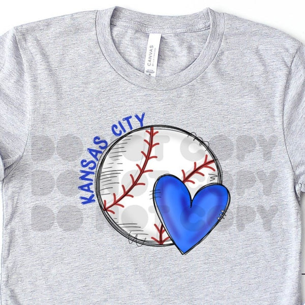 KC Baseball Hand Drawn Doodle Ball and Heart on Tee or Sweatshirt