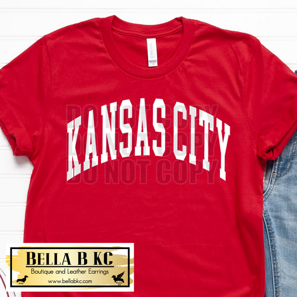 KC Football White Kansas City Arched Athletic Font on Red Tee or Sweatshirt