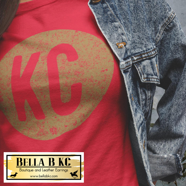 KC Football Sport Gold Grunge KC Circle on Red Tee or Sweatshirt
