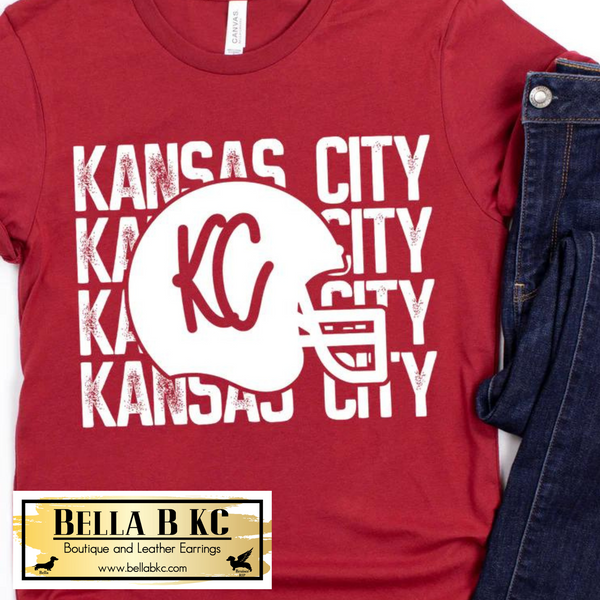 Kansas City Football Grunge KC with Helmet on Red Tee or Sweatshirt
