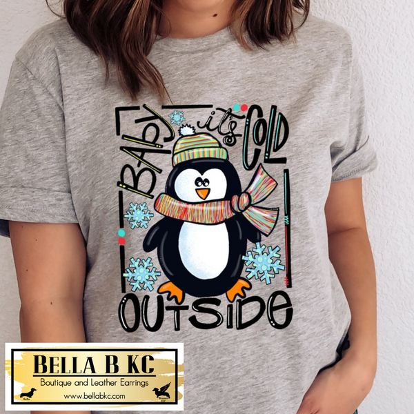 Winter - Baby It's Cold Outside Blue Penguin on Grey Tee or Sweatshirt