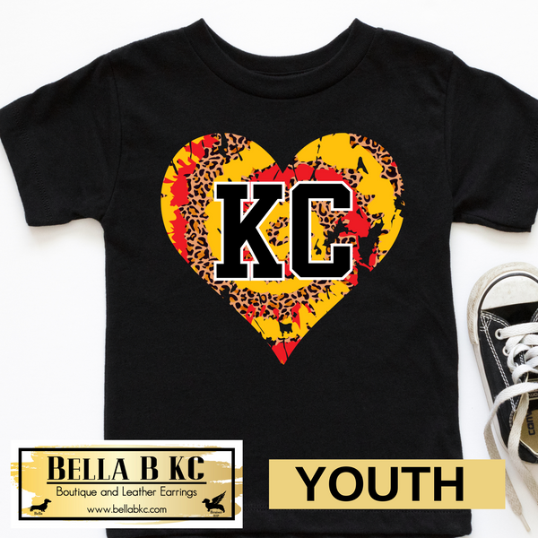 YOUTH Kansas City Football KC Red & Yellow Leopard Heart *BBKC Exclusive* Tee or Sweatshirt