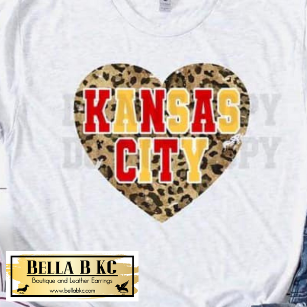 Kansas City Football Leopard Heart Red Yellow Tee or Sweatshirt