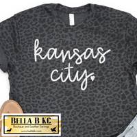Kansas City White Signature Script on LAT Black Leopard Tee
