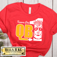 Kansas City Football QB1 on Red Tee or Sweatshirt