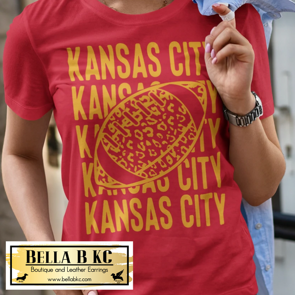 KC Football Kansas City Repeat with Football on Red Tee or Sweatshirt