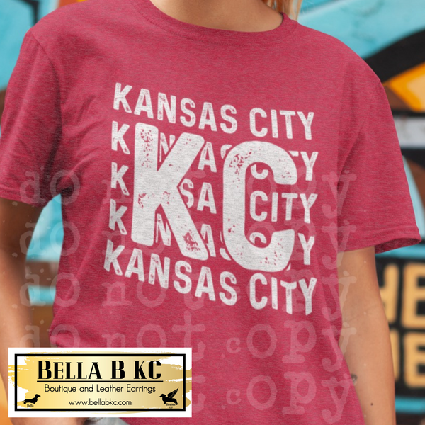 KC Football White Grunge Kansas City Repeat with KC on Red Tee or Sweatshirt