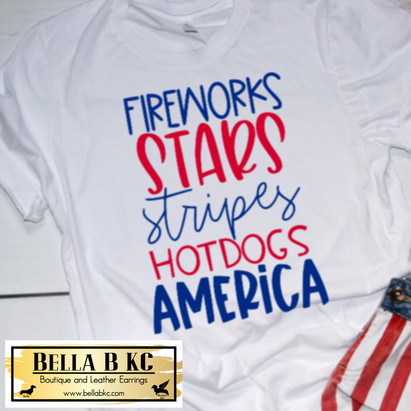 Patriotic - Fireworks Stars Stripes Hotdogs America Tee