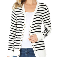 Snap Button Cardigan Ivory with Black Stripes