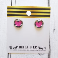 Studs - Pink Heart Black and White Stripe