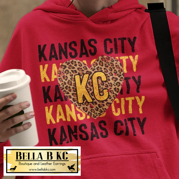 Kansas City Football Black & Gold Repeat with Leopard Heart on Red Tee or Sweatshirt