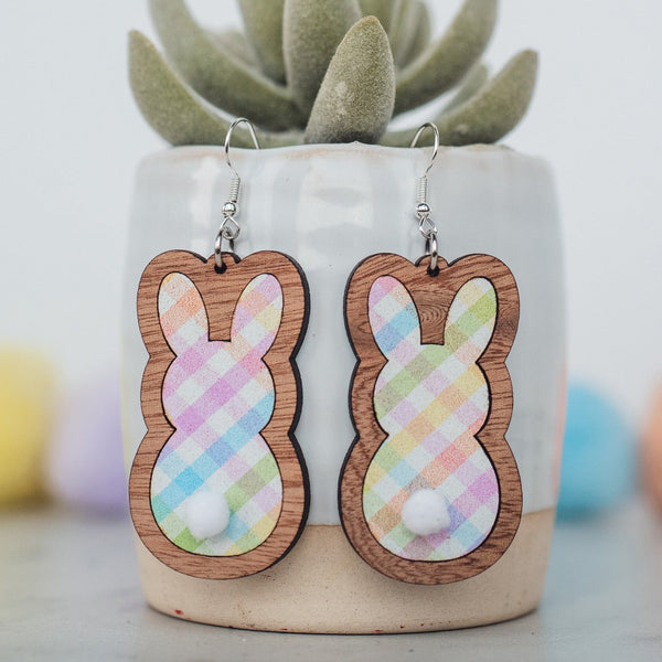 Acrylic & Wood - Spring Plaid Easter Bunny Inset Dangles