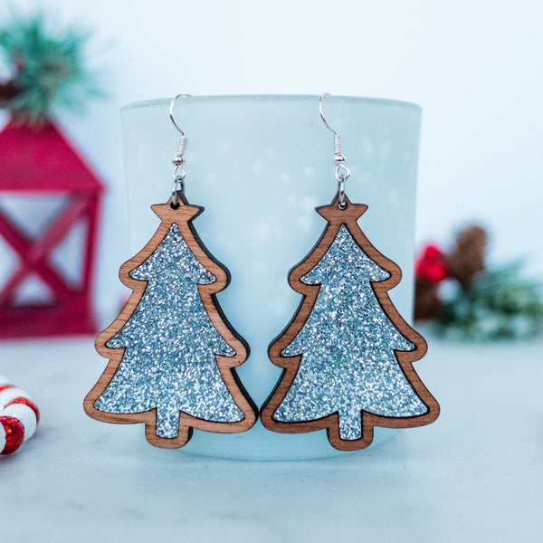 Acrylic & Wood - Silver Fine Glitter Christmas Tree Inset Dangles