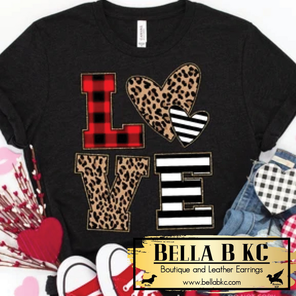 Valentine's Day Love Stacked Striped Plaid and Leopard Tee