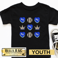 YOUTH KC Baseball Kansas City Leopard Crown & Hearts Tee or Sweatshirt