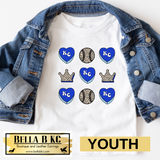 YOUTH KC Baseball Kansas City Leopard Crown & Hearts Tee or Sweatshirt
