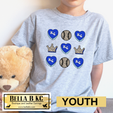 YOUTH KC Baseball Kansas City Leopard Crown & Hearts Tee or Sweatshirt