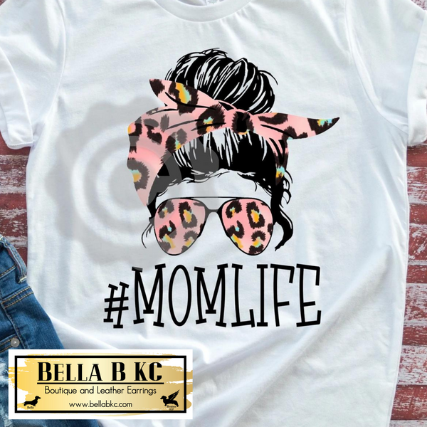 Mom/Mama - Mom Life Messy Bun Pink Leopard Tee