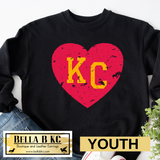 YOUTH Kansas City Grunge Red KC Heart on Tee or Sweatshirt