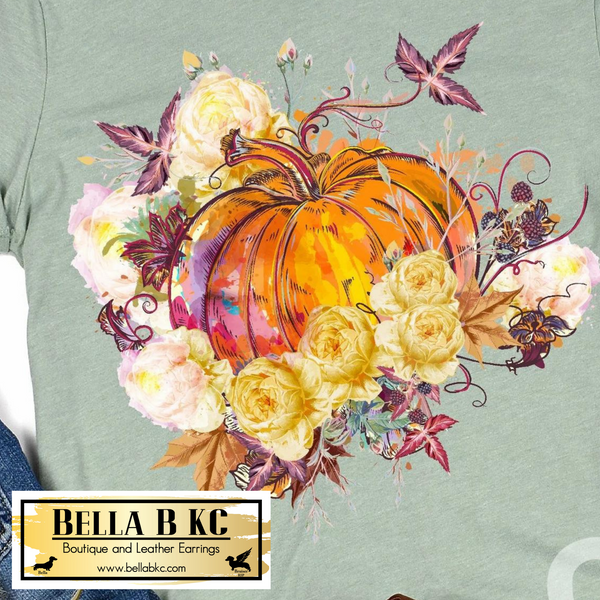 Fall - Watercolor Pumpkin and Flowers on Tshirt