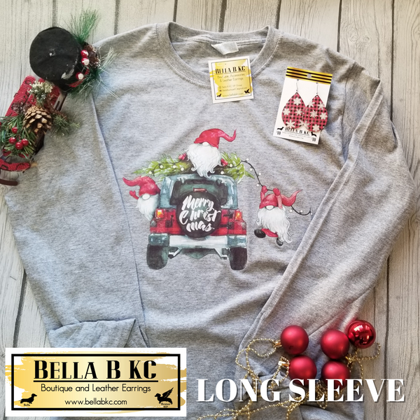Christmas - Jeep Gnome on Gray Long Sleeve Tee