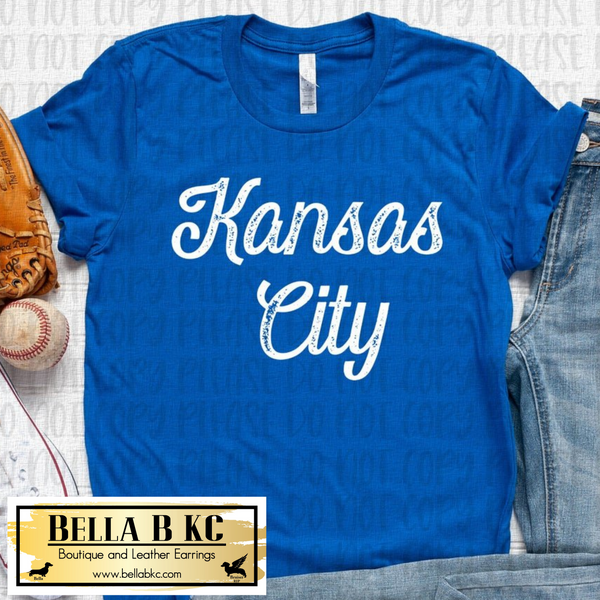 KC Baseball Grunge Script Kansas City Tee or Sweatshirt on Blue