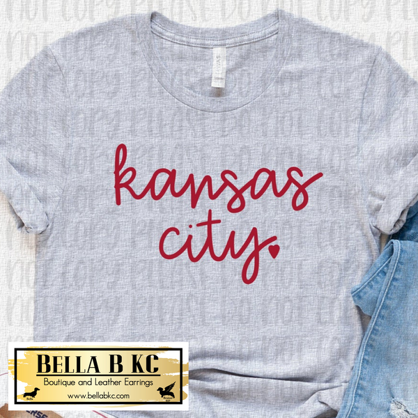 Red Kansas City Script with Heart on Gray Tee or Sweatshirt