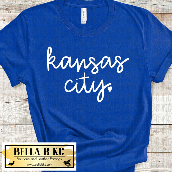 KC Baseball Kansas City Script with Heart Tee or Sweatshirt on Blue